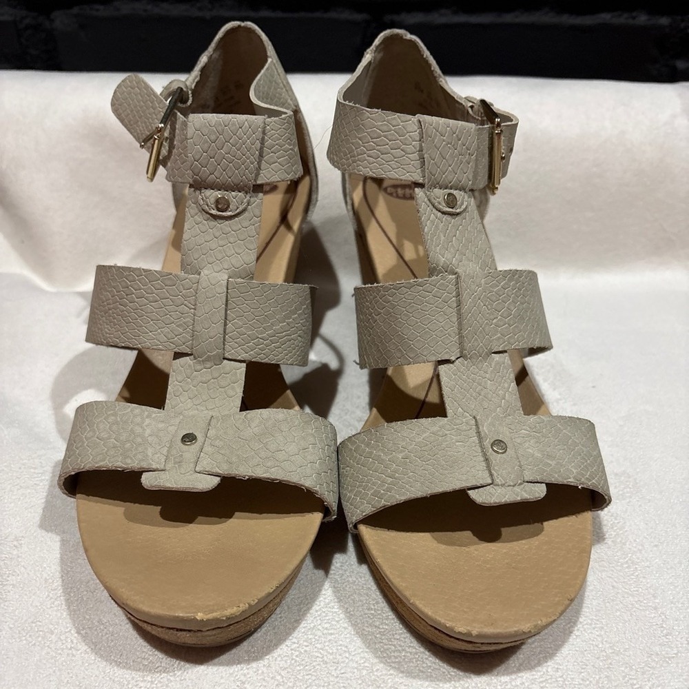 Dr. Scholl's Wedge Sandals Women 9.5 Grey Snakeskin Strappy Platform Sandals